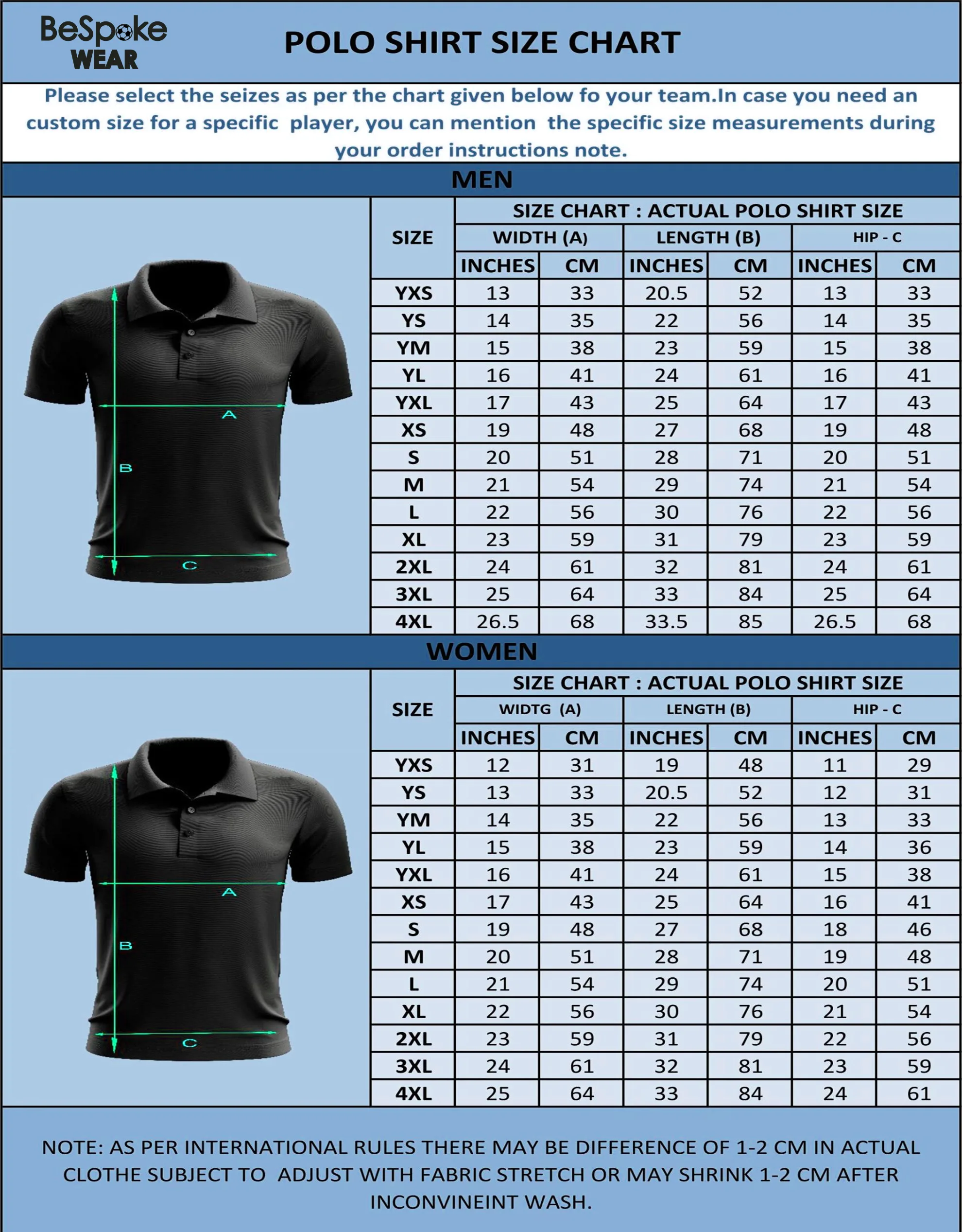Polo Shirt SIze chart